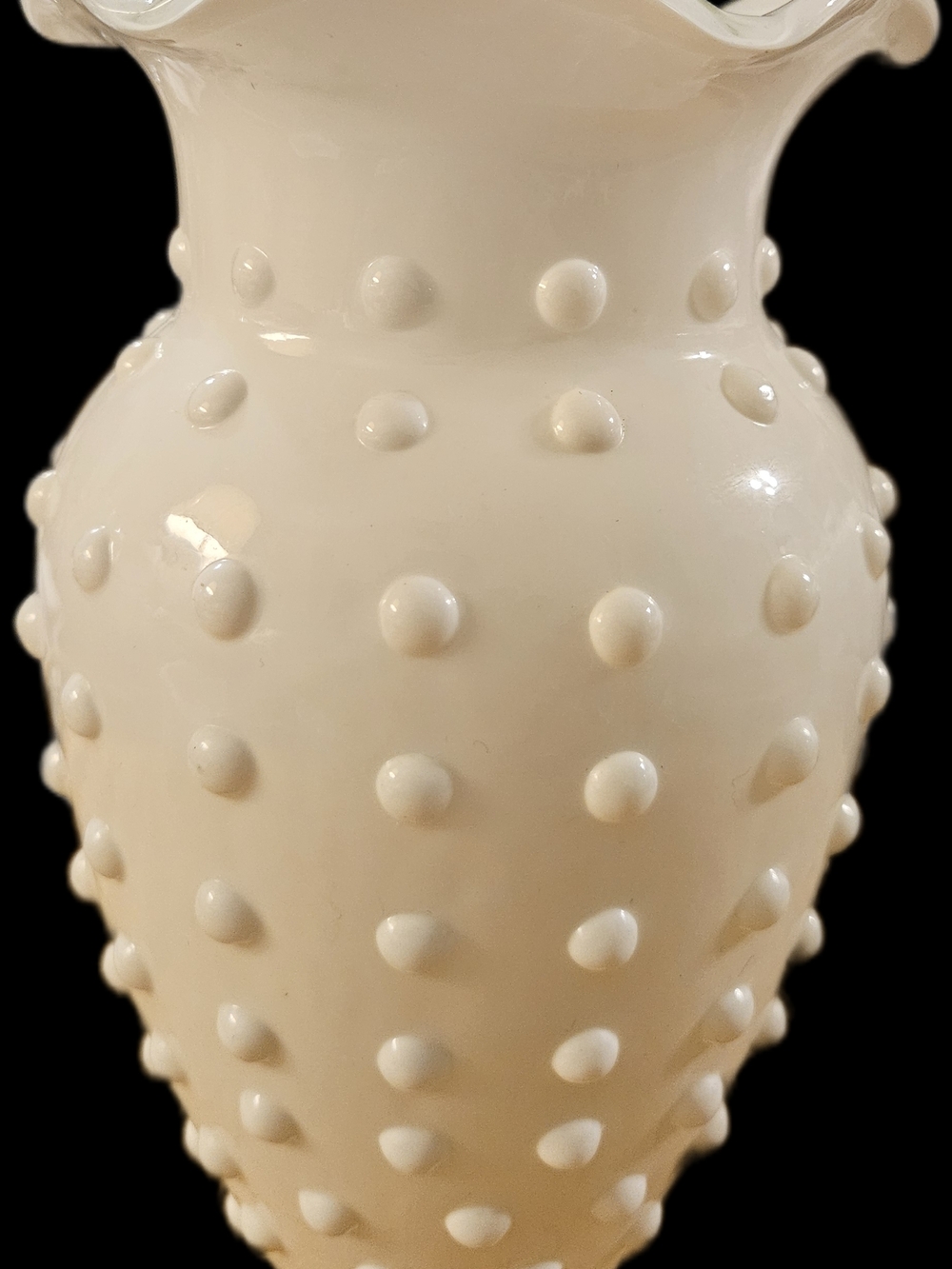 Vintage White Fenton Milk Glass Fluted Edge Hobnail Vase.  6-3/4" Tall.